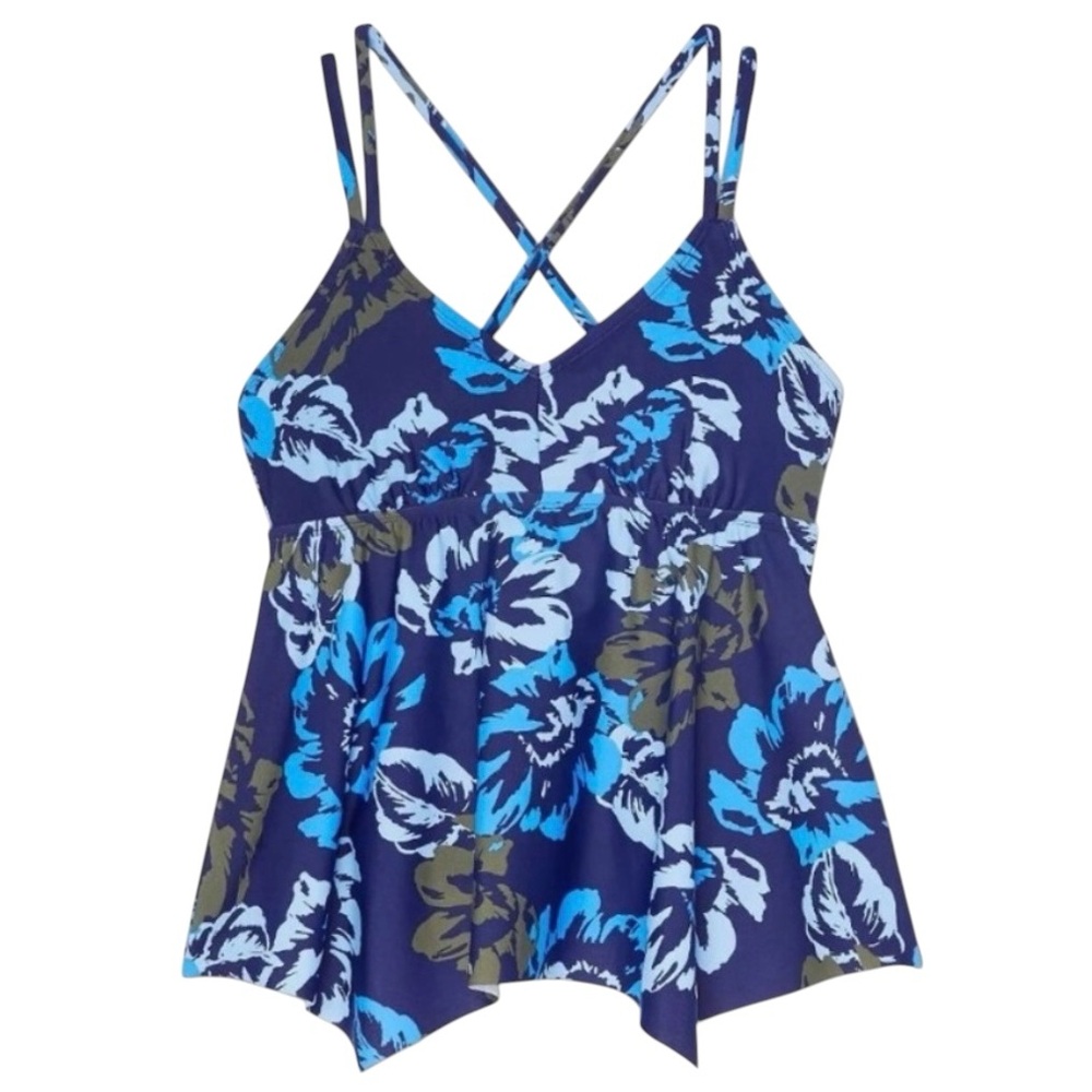 Kona Sol Handkerchief Hem Blue Floral Double Strap Tankini Swim Top Small (4-6)